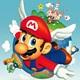 Mario with wings on his cap flying away from Earth